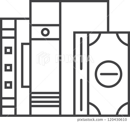 Line drawing of office supplies such as binders, files, and folders, alongside a stylized banknote symbolizing budgeting and business expenses Line drawing of office supplies such as binders, files, and folders, alongside a stylized banknote symbolizing budgeting and business expenses 120430610