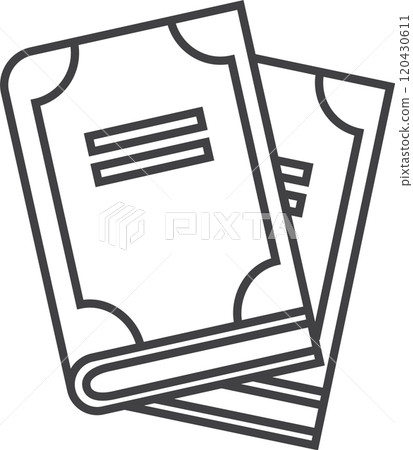 Two overlapping books symbolize reading, education, and knowledge in a simple black and white design, perfect for academic concepts 120430611