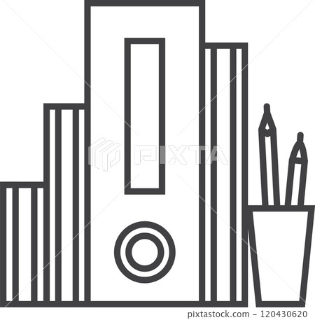 Office supplies including ring binders, books, and pencils in a cup are arranged neatly, suggesting an organized and productive workspace fostering creativity 120430620