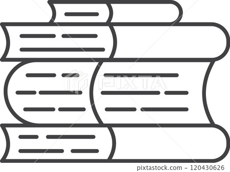 Simple line drawing of four books stacked, with the middle book open, showing text, representing learning, studying, and reading 120430626