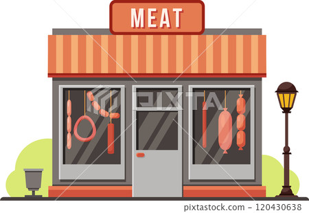 Colorful vector illustration of a meat shop building facade with various sausages hanging in the showcase and a street lamp on the sidewalk 120430638