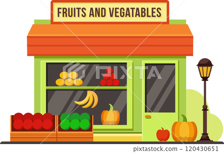 Local fruit and vegetable shop selling fresh produce displaying pumpkins, apples, bananas and tomatoes with a street lamp nearby Local fruit and vegetable shop selling fresh produce displaying pumpkins, apples, bananas and tomatoes with a street lamp nearby 120430651
