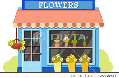 Small business flower shop selling colorful blooming plants in pots displayed on shelves and on the sidewalk, hanging basket with flowers, vector illustration 120430681