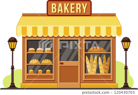Small business bakery shop building facade with bread, cakes and baguettes displayed in the window, yellow awning and street lamps 120430703