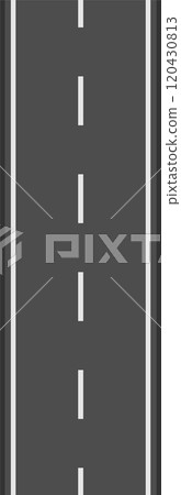 Vertical view of a straight asphalt road disappearing into the distance, featuring white lane markings and a dark gray surface, suggesting a journey or travel concept 120430813