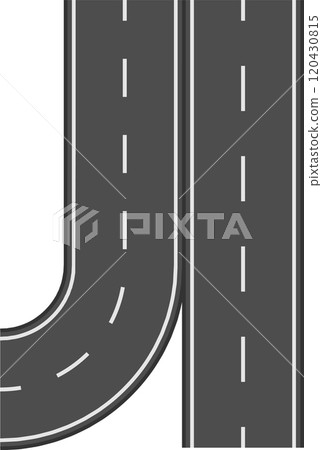 Illustration featuring a winding road seamlessly merging with a straight highway, creating a visual representation of diverging and converging paths, set against a clean white backdrop 120430815