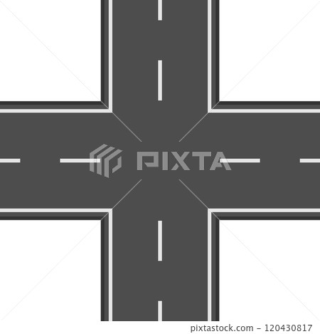 Crossroads dividing four roads with white stripes marking lanes creating a cross shape, representing intersection, transportation, and urban planning 120430817