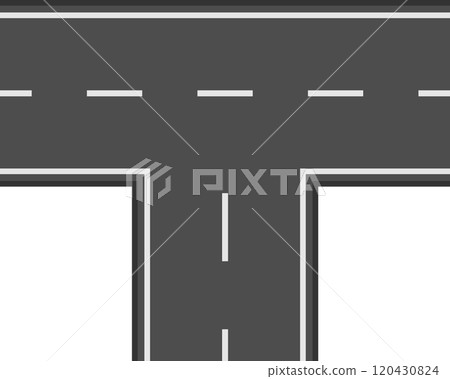 T shaped road intersection marking, asphalt highway with white dividing lines creating a crossroads, symbolizing choices, directions, and journeys 120430824