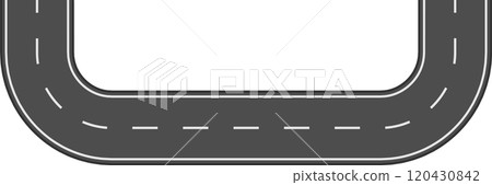 Winding road with white dashed lines making a u turn on white background representing transportation, travel, and journey concepts 120430842