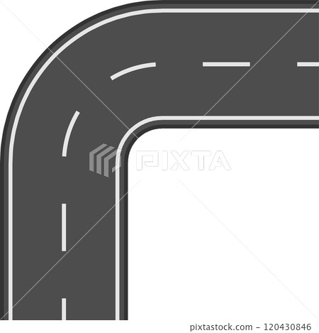 Winding road with white dashed lines making a ninety degree turn isolated on a white background, creating a simple yet effective representation of a change in direction or journey 120430846