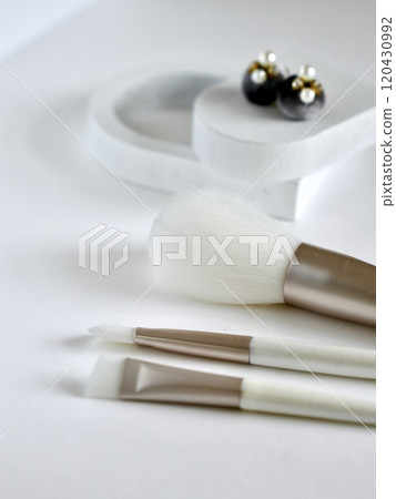白色背景中的化妝品、刷子和耳環 白色背景中的化妝品、刷子和耳環 120430992