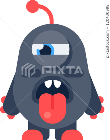 Playful grey alien cartoon sticking out tongue with red antenna, eye, hands, and feet. Ideal for kids projects, games, or books 120430998