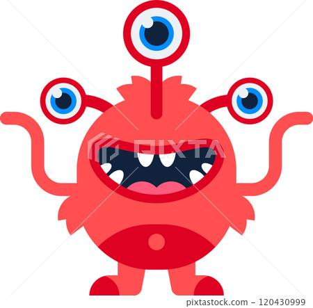 Cute red monster with three eyes and tentacle arms, smiling and playful, perfect for kids products and whimsical projects 120430999