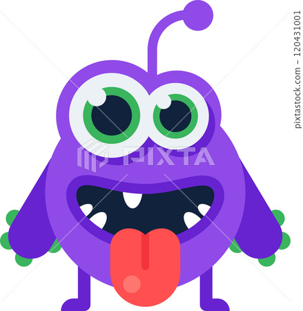 Funny purple alien character with big green eyes, antenna, and playful expression sticking out its tongue, ideal for children s books, games, or any project needing a touch of whimsy Funny purple alien character with big green eyes, antenna, and playful expression sticking out its tongue, ideal for children s books, games, or any project needing a touch of whimsy 120431001