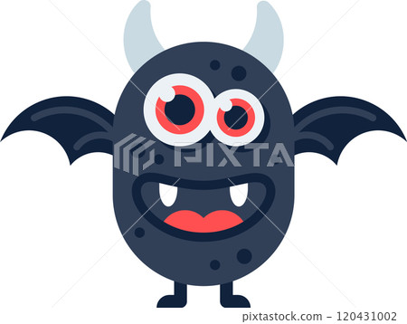 Cartoon illustration of a cute smiling black monster with big red eyes, two horns and bat like wings, ideal for children s products related to halloween 120431002
