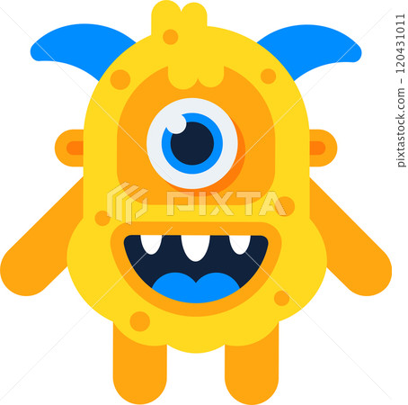 Cute yellow one eyed monster with blue horns smiles, showing teeth, standing on short legs. Perfect for playful designs 120431011