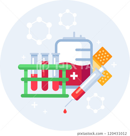 Medical illustration representing a blood bag, test tubes, syringe and bandages, depicting the concept of blood transfusion and healthcare 120431012