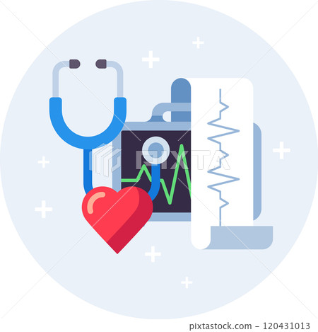 Cardiology equipment including a stethoscope, heart shape, and ekg report are combined in a visually appealing design, emphasizing the importance of heart health and medical diagnostics 120431013