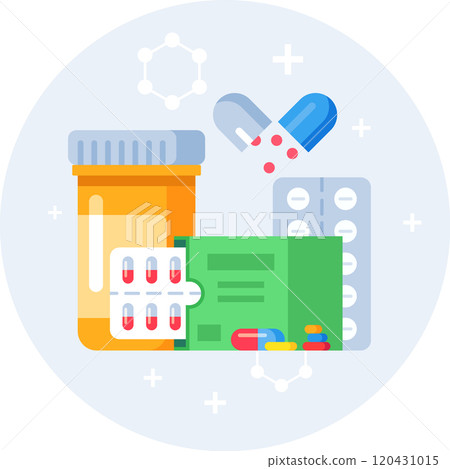 Colorful illustration showcasing various forms of medication, including blister packs, pill bottles, and loose pills, symbolizing the pharmaceutical industry and healthcare 120431015