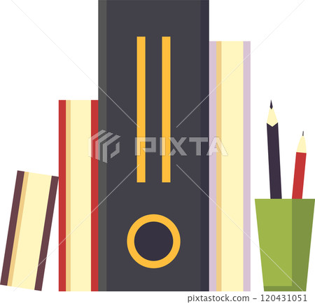 Illustration featuring books, pencils in a pencil holder, and a folder, creating a concept of studying, organization, and academic or office work Illustration featuring books, pencils in a pencil holder, and a folder, creating a concept of studying, organization, and academic or office work 120431051
