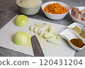A cutting board with bowls of chicken, carrots, onions, rice 120431204