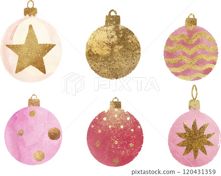 Golden glitter shiny christmas tree decorations, gold bables and balls 120431359