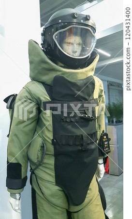 Mannequin with military diving equipment anti-bombs and explosives underwater 120431400