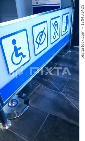 Blue panel with priority signage for people with disabilities, blind and deaf 120431425