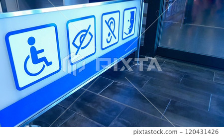 Blue panel with priority signage for people with disabilities, blind and deaf 120431426