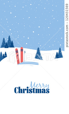 Vertical Christmas greeting card.Greeting text for cold season celebration.Winter days.Great for banners, wallpapers.Let is Snow.Skis in the snow.Merry Christmas and Happy New Year 120431569