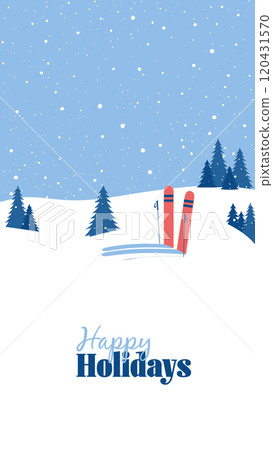 Happy Holidays.Vertical Christmas greeting card.Greeting text for cold season celebration.Winter days.Great for banners, wallpapers.Let is Snow.Skis in the snow.Merry Christmas and Happy New Year Happy Holidays.Vertical Christmas greeting card.Greeting text for cold season celebration.Winter days.Great for banners, wallpapers.Let is Snow.Skis in the snow.Merry Christmas and Happy New Year 120431570