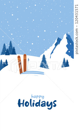 Happy Holidays.Vertical Christmas greeting card.Greeting text for cold season celebration.Winter days.Great for banners, wallpapers.Let is Snow.Skis in the snow.Merry Christmas and Happy New Year Happy Holidays.Vertical Christmas greeting card.Greeting text for cold season celebration.Winter days.Great for banners, wallpapers.Let is Snow.Skis in the snow.Merry Christmas and Happy New Year 120431571