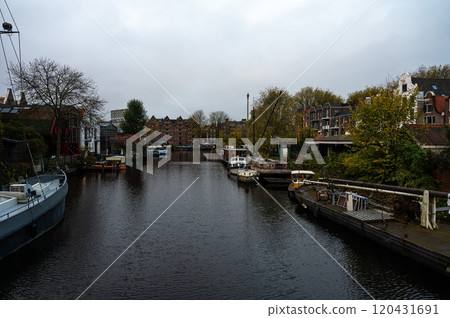 Landscape view over the canals at the Prinseneiland borrow in central Amsterdam, The Netherlands Landscape view over the canals at the Prinseneiland borrow in central Amsterdam, The Netherlands 120431691