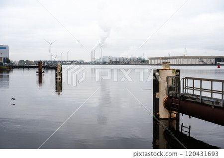 Industrial reflections of the Beringhaven port in Amsterdam, The Netherlands 120431693