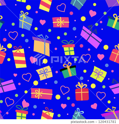 A gift with a bow. There is a different gift card on a blue background. heart red. 120431781