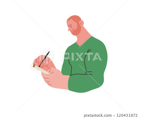 Writing people, modern flat vector concept illustration- standing man thoughtfully writing on notebook. Metaphor for reflection, personal insight, contemplation, creative expression Writing people, modern flat vector concept illustration- standing man thoughtfully writing on notebook. Metaphor for reflection, personal insight, contemplation, creative expression 120431872