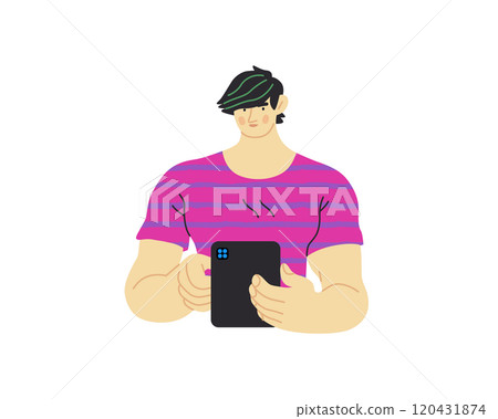 Writing people, modern flat vector concept illustration- standing man thoughtfully writing on tablet. Metaphor for reflection, personal insight, contemplation, creative expression 120431874