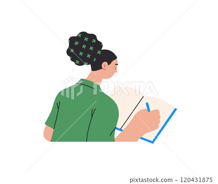 Writing people, modern flat vector concept illustration- sitting woman thoughtfully writing on notebook. Metaphor for reflection, personal insight, contemplation, creative expression 120431875