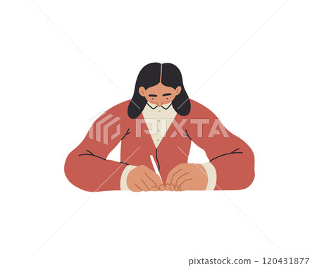 Writing people, modern flat vector concept illustration- sitting woman thoughtfully writing on paper. Metaphor for reflection, personal insight, contemplation, creative expression 120431877