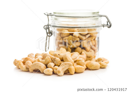 Roasted cashew nuts isolated on white background. 120431917