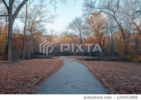 A tranquil autumn pathway lined with fallen leaves leading to a serene pond at dusk. Generative AI 120432006
