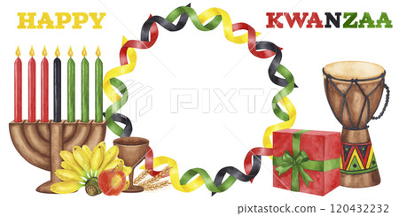 Kwanzaa holiday banner. Kinara, seven burning candles, harvest, Djembe drum, gift. Red black green yellow traditional Pan African colors. Hand drawn watercolor illustration isolated background Kwanzaa holiday banner. Kinara, seven burning candles, harvest, Djembe drum, gift. Red black green yellow traditional Pan African colors. Hand drawn watercolor illustration isolated background 120432232