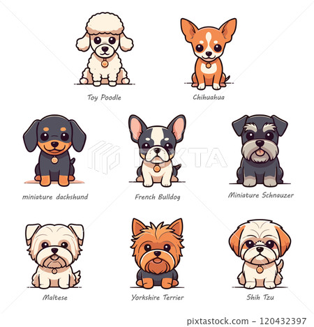 Cute illustrations of 8 popular small dog breeds Cute illustrations of 8 popular small dog breeds 120432397