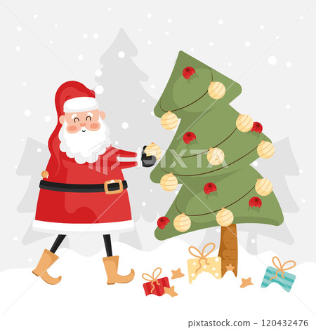 Santa decorating Christmas tree with gifts, Vector Santa decorating Christmas tree with gifts, Vector 120432476