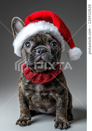 Brindle French Bulldog in Santa Hat and Scarf Brindle French Bulldog in Santa Hat and Scarf 120432626