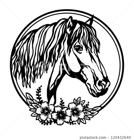 Head of a Horse and flowers in oval vector illustration 120432640