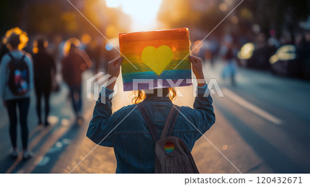 A person holds a rainbow flag with a heart symbol during a vibrant LGBTQ pride parade at sunset in the city 120432671