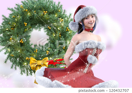 Cute woman wearing a Christmas wreath and a Santa costume Cute woman wearing a Christmas wreath and a Santa costume 120432707