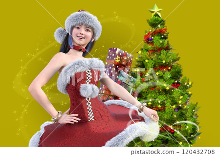 Cute woman in a Santa costume with a Christmas tree Cute woman in a Santa costume with a Christmas tree 120432708