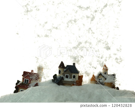 Snow fall cover house over white background isolated. Winter snow storm falling on house like avalanche from climate change extreme weather disaster 120432828